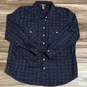 Bit & Bridle Womens 1X Horse Print Navy Long Sleeve Button Up Shirt
